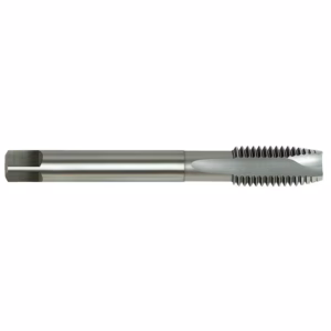 Metal threading tap for cutting internal threads, with spiral cutting flutes at the tip on a cylindrical shank.