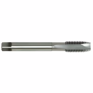Metal threading tap tool with spiral flutes on the end, shown horizontally for cutting threads in metal.