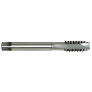 Metal threading tap tool with a long cylindrical shank and spiraled cutting teeth at the tip, used to cut internal threads in metal.