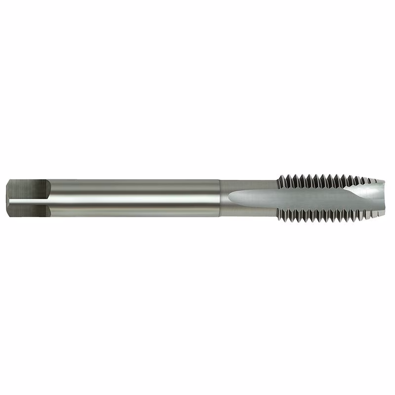 UNFESP916 - Alpha Tools Metal threading tap tool with a long cylindrical shank and spiraled cutting teeth at the tip, used to cut internal threads in metal.