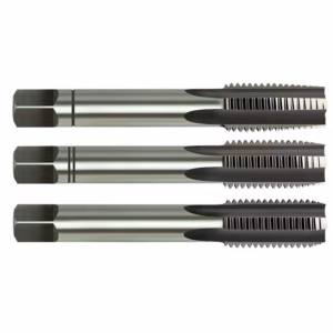 Three twist drill bits laid parallel in a row, showing shiny metal and sharp fluted cutting edges.