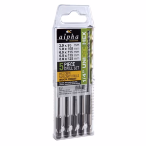 Five-piece masonry drill set with hex drive in a clear plastic case; sizes 3.0×95 mm, 5.0×105 mm, 6.0×115 mm, 6.5×115 mm, 8.0×125 mm.
