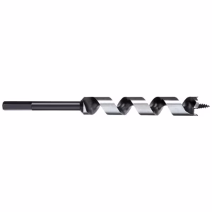 Auger drill bit with spiral flutes and screw tip for boring holes in wood or metal (long twisted bit).**Alternate**: Long auger bit with a dark hex shank and twisted, helical flute.