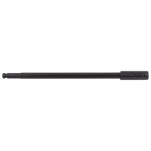 Long black cylindrical tube with a thicker right end and two small holes near the cap notches.