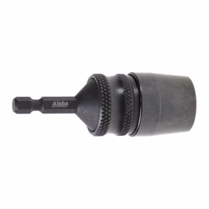 Black drill chuck with knurled grip and hex driver bit protruding from the left, Alpha brand visible on the shaft.