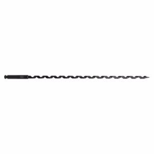 Long black twist drill bit with spiral flutes laid horizontally across the image