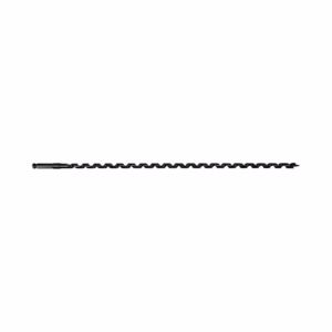 Long metal twist drill bit with deep spiraled flutes laid horizontally on a white background