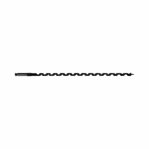 Long steel auger twist drill bit with deep helical flutes and square shank, laid horizontally on white background.