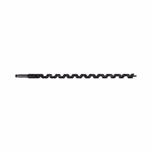 Long black auger-style drill bit with helically spiraled flutes, isolated on white background (used for drilling holes).
