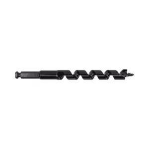 Long black auger drill bit with a screw tip for drilling into wood, shown isolated on white background