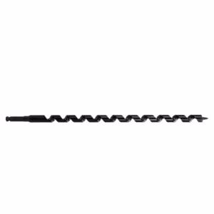 Black twist drill bit with helical flutes laid horizontally on a white background.