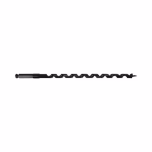 Long black auger drill bit with a hex shank and sharp helical flutes