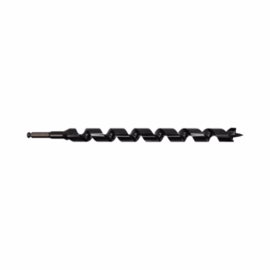 Long black auger drill bit with twisted flutes and screw tip for drilling deep wood holes, single row.