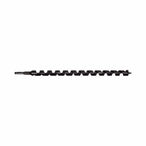 Long black twist drill bit with helical flutes and sharp pointed tip, laid horizontally.
