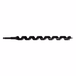 Long black wood auger drill bit with a screw tip, shown horizontally