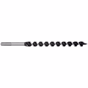 Long twist drill bit with helical flutes and silver shank, used for drilling metal or wood on a white background