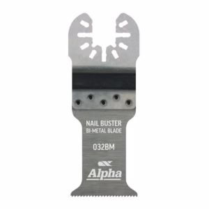 Nail Buster bi-metal blade by Alpha with perforated edge and serrated bottom teeth (tool accessory)