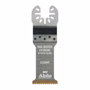 Bi-metal oscillating-tool blade labeled 'Nail Buster Extreme' with Alpha logo