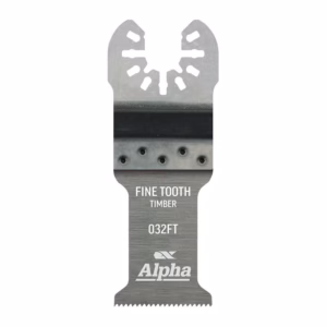 Alpha brand fine-tooth timber saw blade, labeled 032FT, gray metal with toothed bottom.