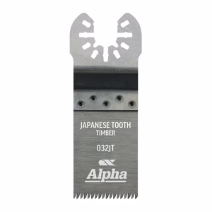 Close-up of a metal saw blade edge labeled 'Japanese Tooth Timber' with model 032JT and Alpha branding.