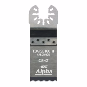 Close-up of an Alpha 035HCT coarse-tooth hardwood blade with serrated bottom edge and mounting slots.