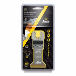 Packaging of Alpha Nail Buster Extreme Bi-Metal Blade tool for cutting nails and metal materials (44 mm blade) in a blister pack