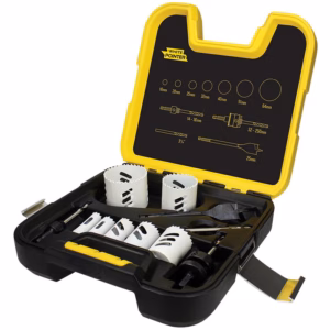 Open yellow-and-black tool case with assorted drill bits, hole saws, pliers, and accessories visible inside.