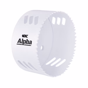 White circular gear-like plastic piece with serrated edge and slotted openings, featuring the Alpha logo.