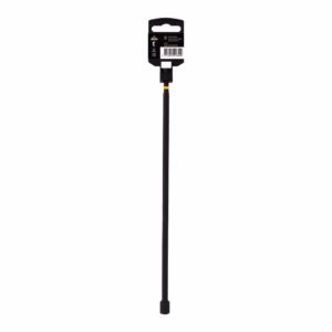 Long black extension pole with a small top connector and product packaging at the end, photographed against a white background.