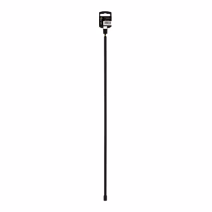 Long black camera monopod standing upright on a white background with a packaged top grip still attached.