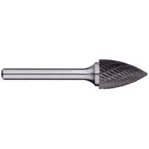 Carbide burr bit with cylindrical shank and diamond-cut conical head for grinding and deburring metal surfaces