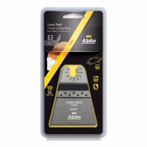 Packaging for Alpha coarse-tooth timber cutting blade; three-pack, 63 mm, shown in blister packaging with a large metal blade.