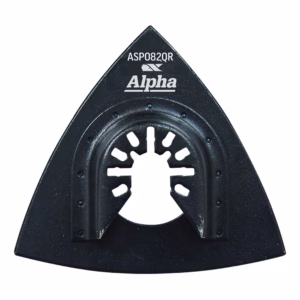 Black triangular tool accessory with a central circular opening and star-shaped cutouts, labeled ASP082QR Alpha.