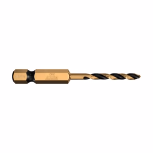 Gold-colored drill bit with a hex shank labeled 3.2 mm and brand Alpha, featuring black-and-gold twisted flutes along the shaft