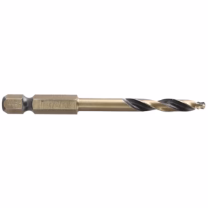 Gold-colored twist drill bit with a hex shank, showing its cutting flutes for metal drilling.