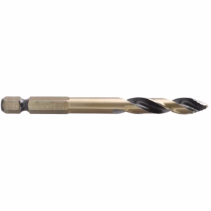 Gold-coated twist drill bit with black fluted helical edges, used for drilling holes in metal or wood