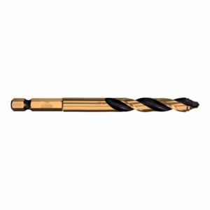 8 mm gold-coated twist drill bit with hex shank and black spiraled flutes (metalworking drill). 1/1 shows size marking 8mm.