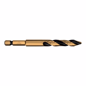 Gold-coated twist drill bit with black grooves and a hexagonal shank; marked 9 mm