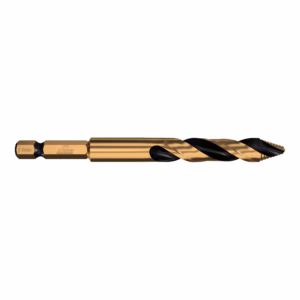 Gold-coated twist drill bit for metal, with helical flutes and hex shank used for drilling metal.