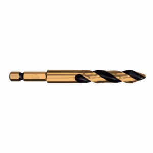 Gold-colored twist drill bit with black helical flutes and a 10 mm shank, shown horizontally on a white background.