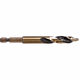 Gold-colored twist drill bit with black helical flutes and screw-threaded tip