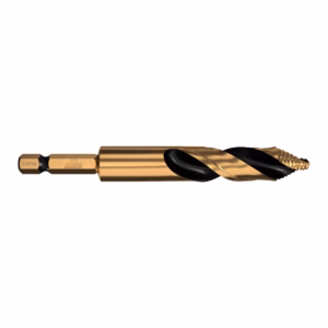 Gold-coated twist drill bit with black fluted spirals and a hexagonal shank.