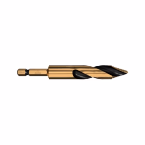 Gold-colored twist drill bit with black flutes shown in side view; metalworking tool for drilling