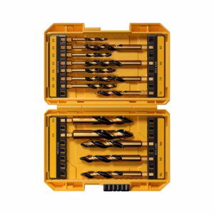 Open yellow toolbox with a set of twist drill bits arranged in rows inside the case.
