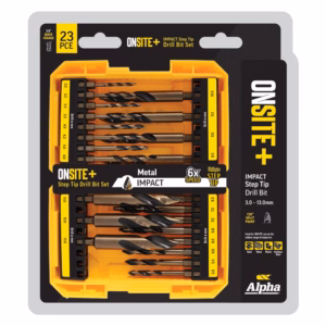 Onsite+ 23-piece metal impact step drill bit set in a yellow case, shown in packaging.