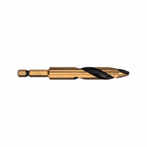 Gold-colored twist drill bit with black helical flutes shown in profile.