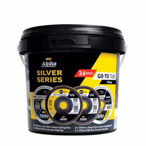 Black plastic tub labeled 'Alpha Silver Series' containing cutting/grinding discs, 125mm, 34 discs in a go-to tub image.