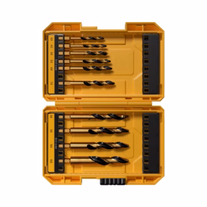 Yellow open tool box with a row of metal twist drill bits secured in slots, sizes marked along the left edge of the rack, viewed from the front.