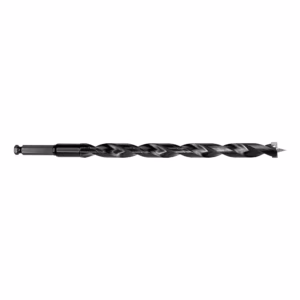 Long black auger drill bit with twisted flutes and a pointed screw tip for wood drilling