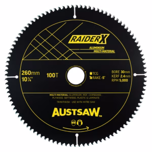 Circular saw blade with black and yellow labeling reading RAIDER X and AUSTSAW; 260 mm diameter, 100 teeth, bore 30 mm, for aluminum and multi-material cutting.